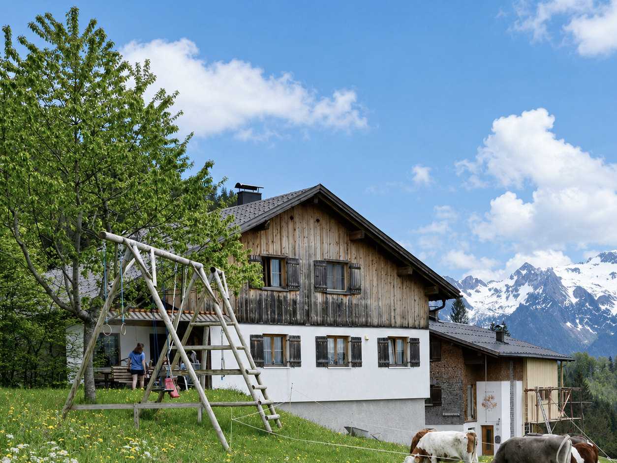 Der Bio-Bergbauernhof Burtscher mit Schaukel, Kühen auf der Blumenwiese und schneebedeckten Gipfeln