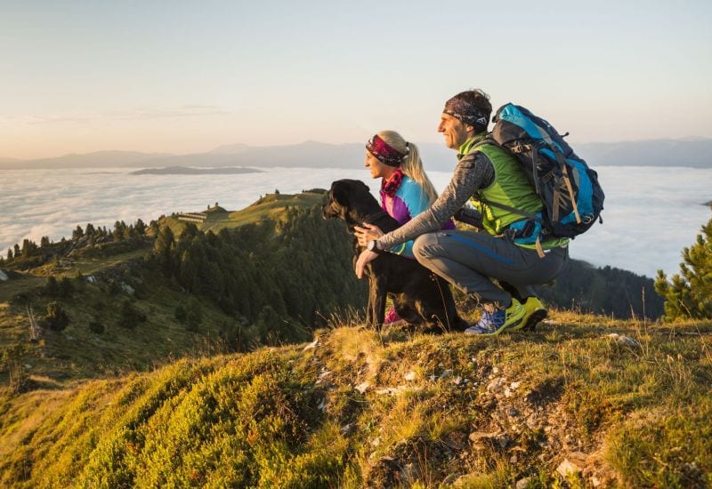Wanderer mit Hund auf einem Bergrücken über dem Wolkenmeer in der Abendsonne